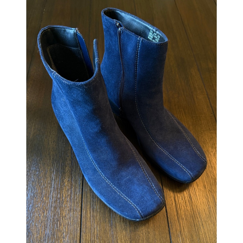 Clarks Womens Blue Suede Ankle Boots Square Toe Side Zip Wedge Booties 8.5M